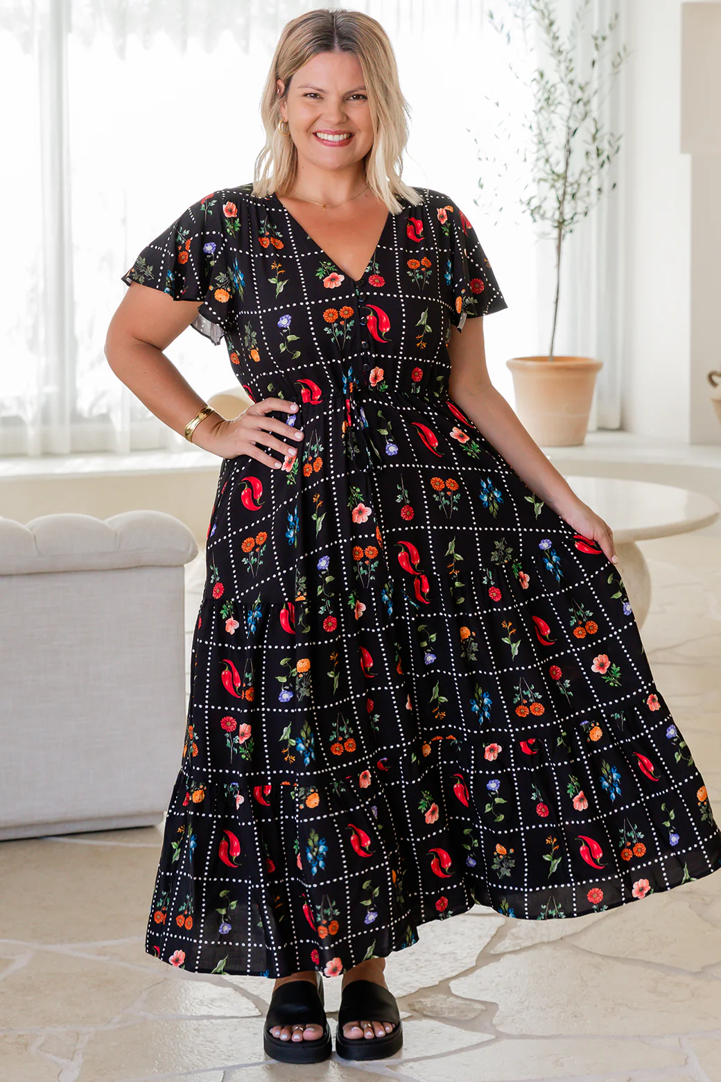 Final Sale | Bonnie Midi Dress Chilli Tile Print - Image 4
