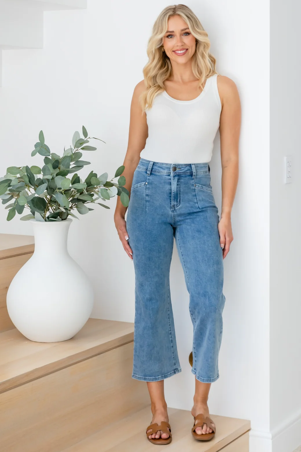 Chloe Stretch Wide Leg Crop Jeans Mid Blue Wash - Image 8