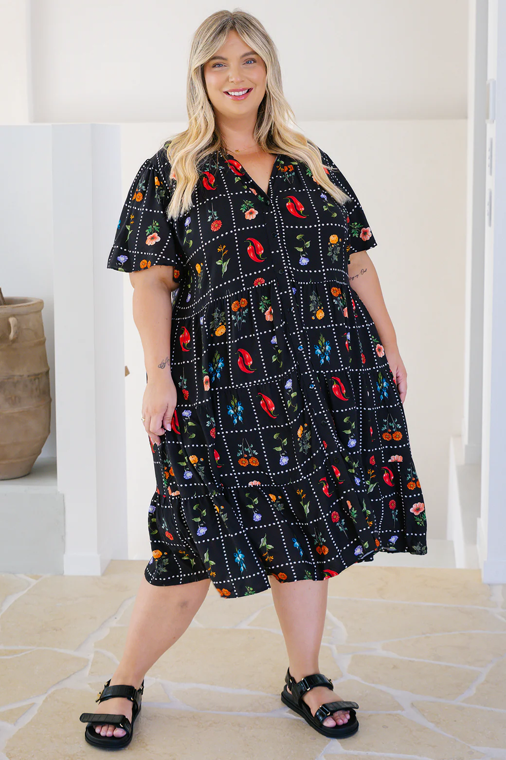 Final Sale | Ebony Dress Chilli Tile Print - Image 5