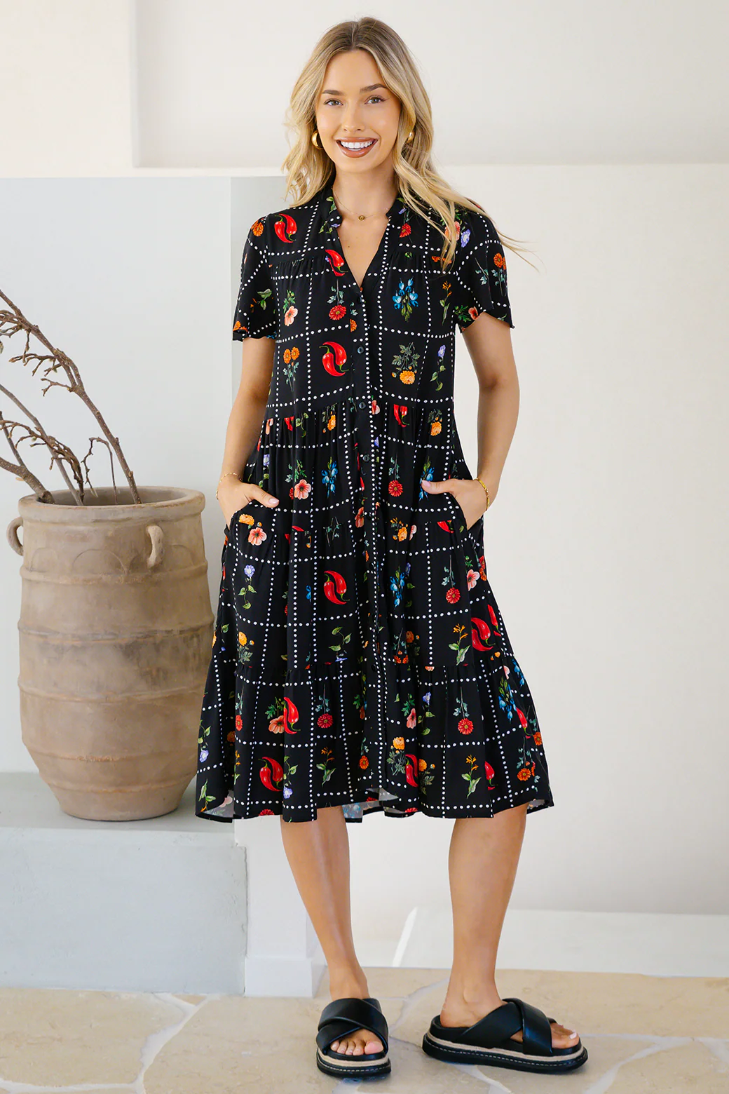 Final Sale | Ebony Dress Chilli Tile Print - Image 7
