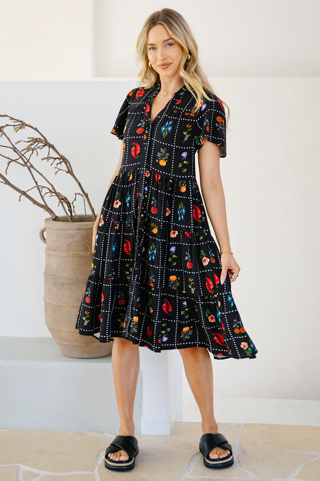Final Sale | Ebony Dress Chilli Tile Print - Image 8