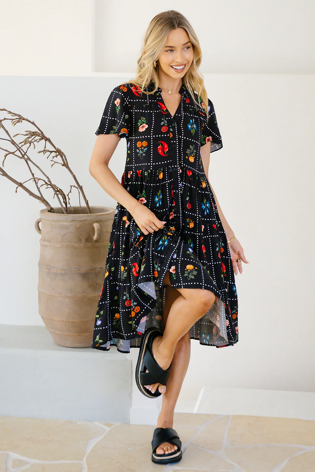 Final Sale | Ebony Dress Chilli Tile Print - Image 9