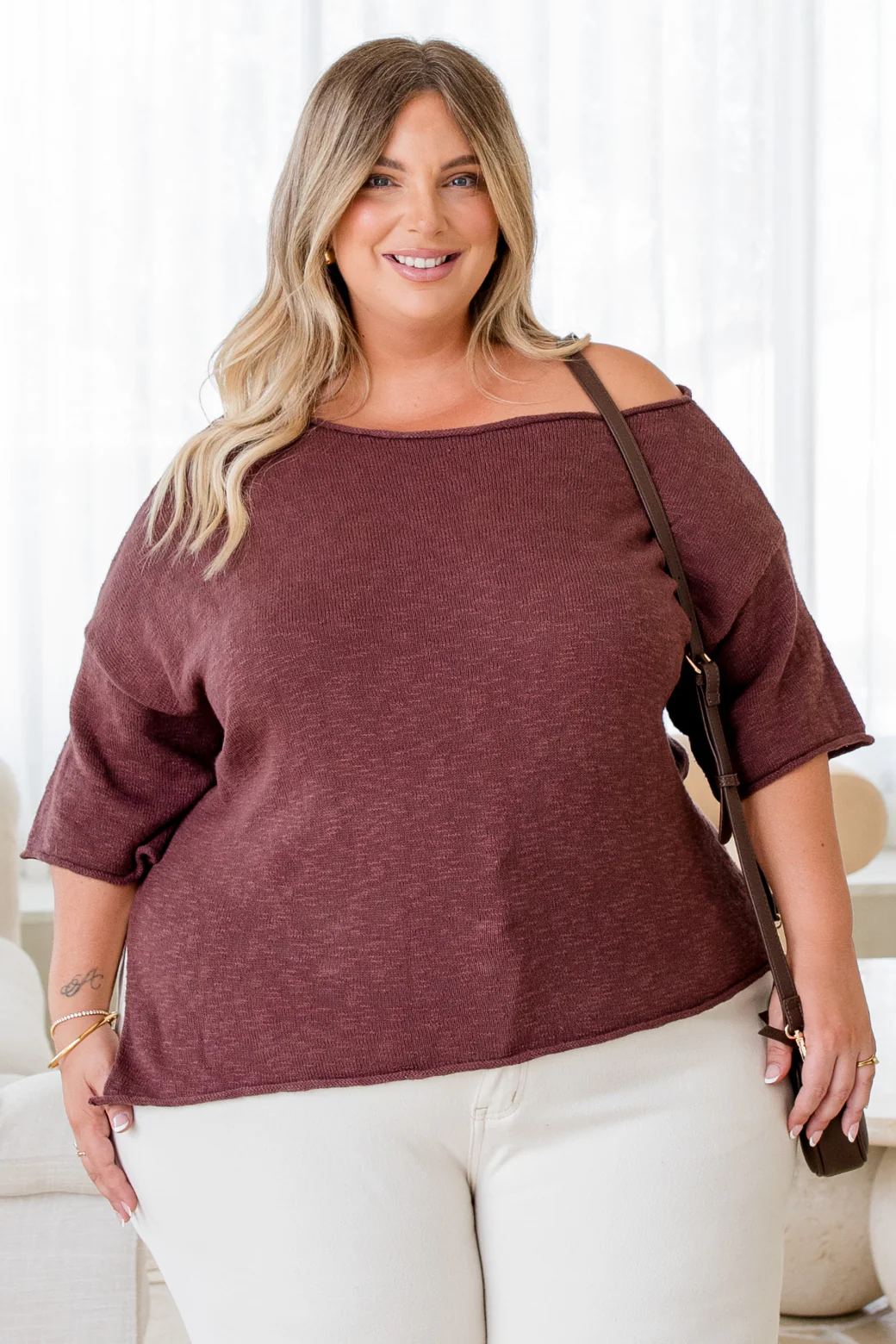 Julia Off Shoulder Knit Top Bitter Chocolate - Image 2
