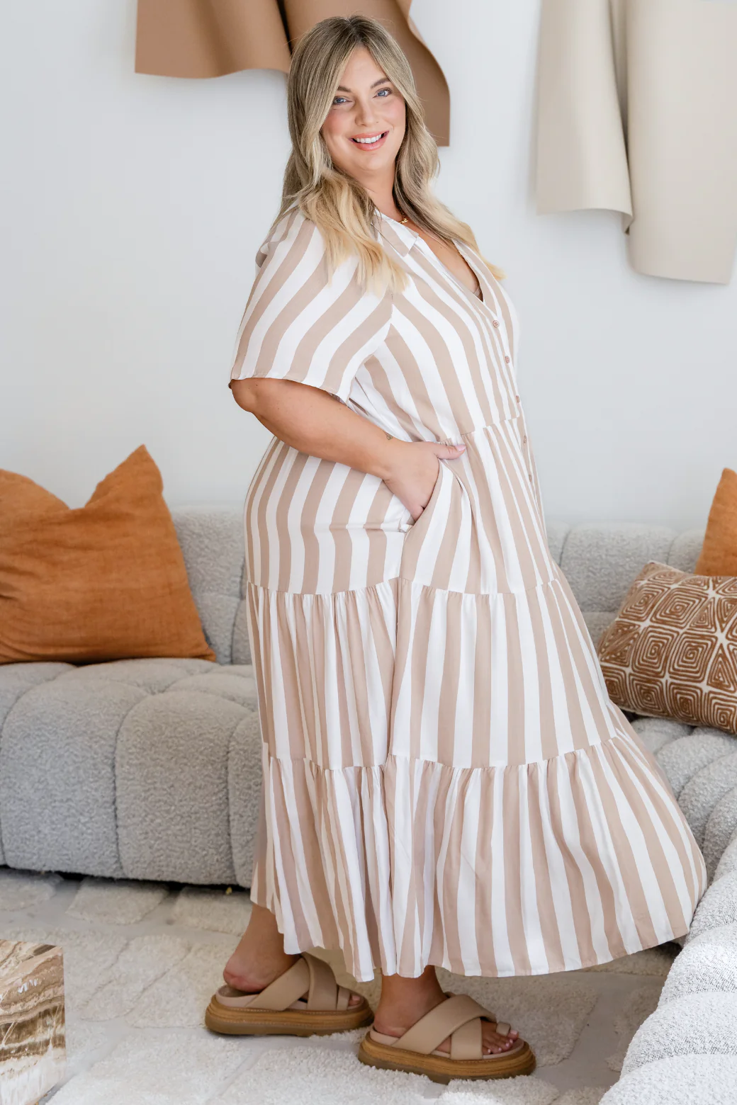 Maeve Midi Dress Latte Stripe - Image 5