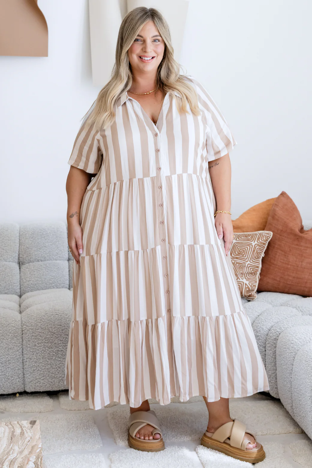 Maeve Midi Dress Latte Stripe - Image 9