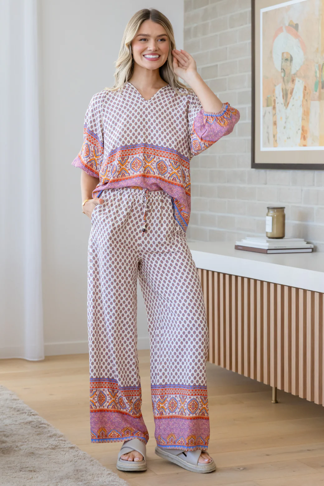 Final Sale | Martha Drawstring Pant Lily Print Natural - Image 2