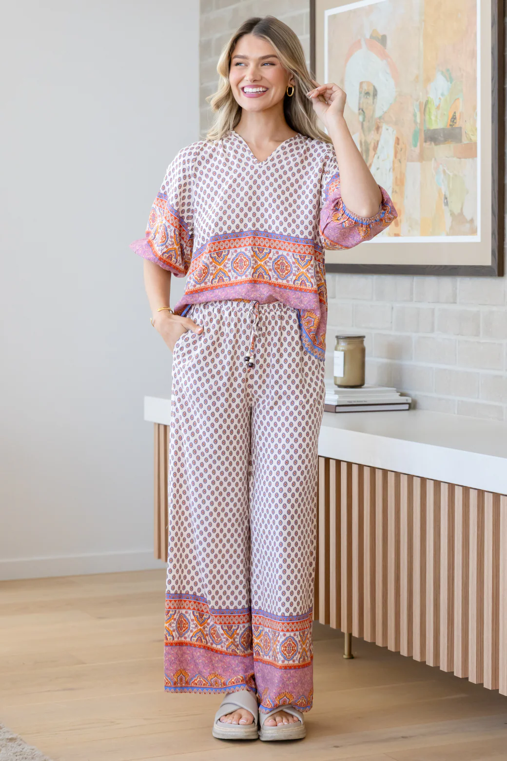 Final Sale | Martha Drawstring Pant Lily Print Natural - Image 4