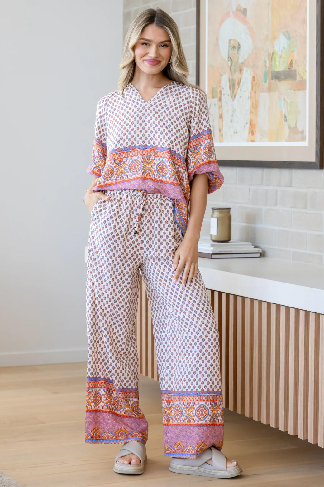Final Sale | Martha Drawstring Pant Lily Print Natural - Image 6