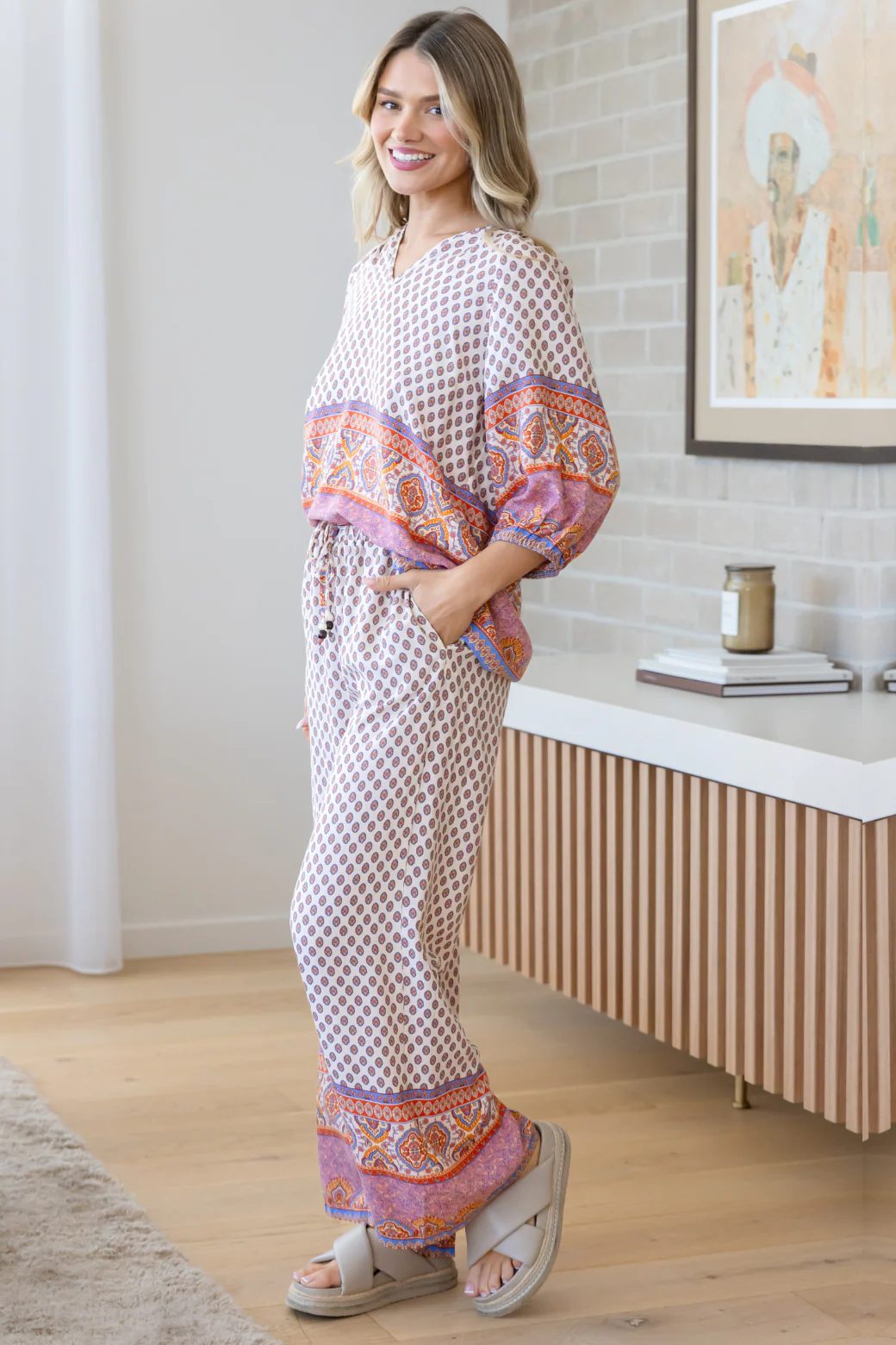 Final Sale | Martha Drawstring Pant Lily Print Natural - Image 8