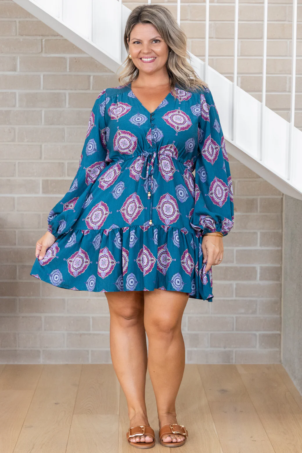 Ruby Long Sleeve Mini Dress Zara Print Teal - Image 4