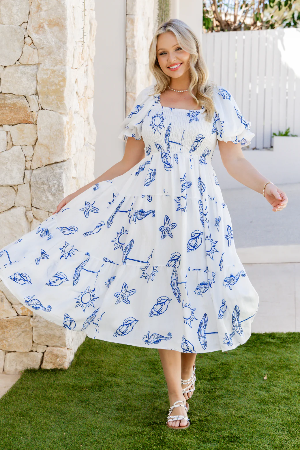 Shiloh Midi Dress Oceanside Print White - Image 4